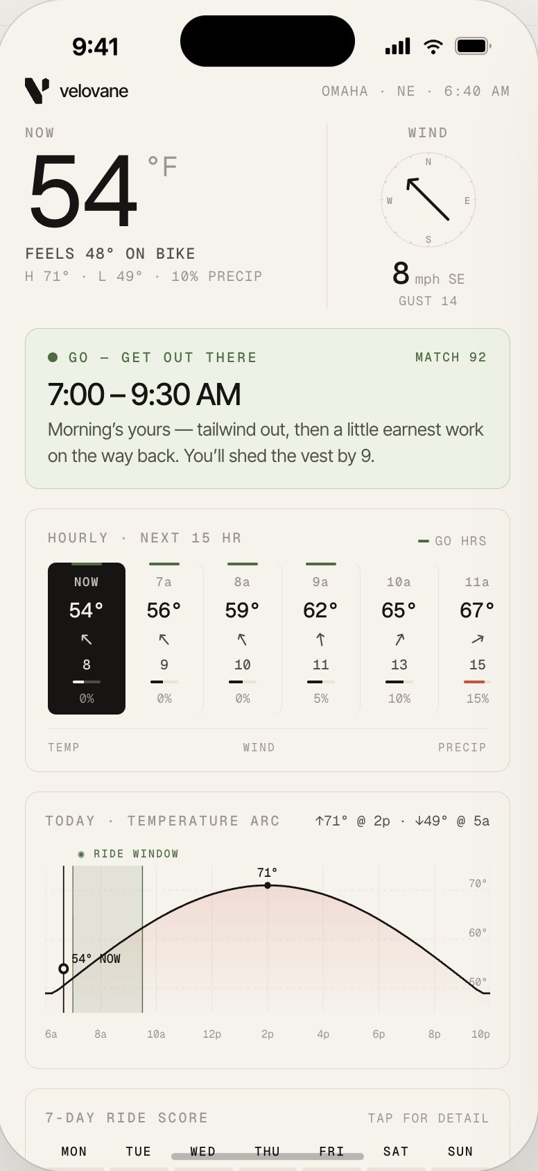 VeloVane dashboard showing today's ride recommendation