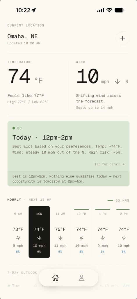 VeloVane dashboard showing today's ride recommendation