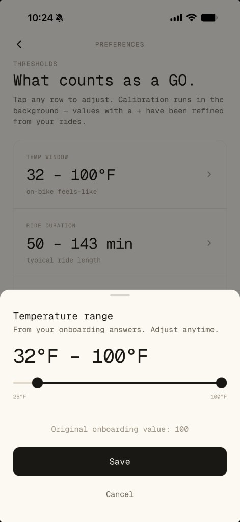 VeloVane preferences thresholds temperature range